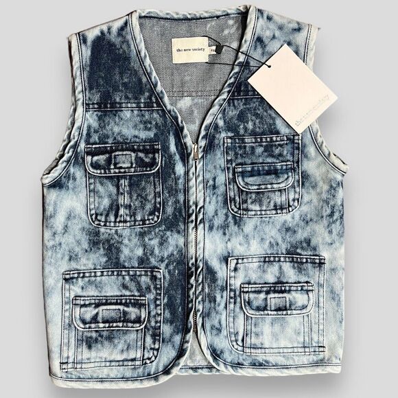 The New Society Vest Boys 6y Blue Denim Cotton Bleach‎ Wash Rene Waistcoat - Picture 1 of 8